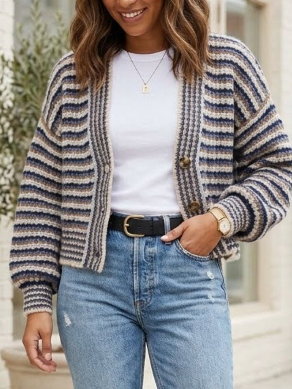 Madewell Waller Striped Cropped V-Neck Wool Blend Knit Cardigan Size M